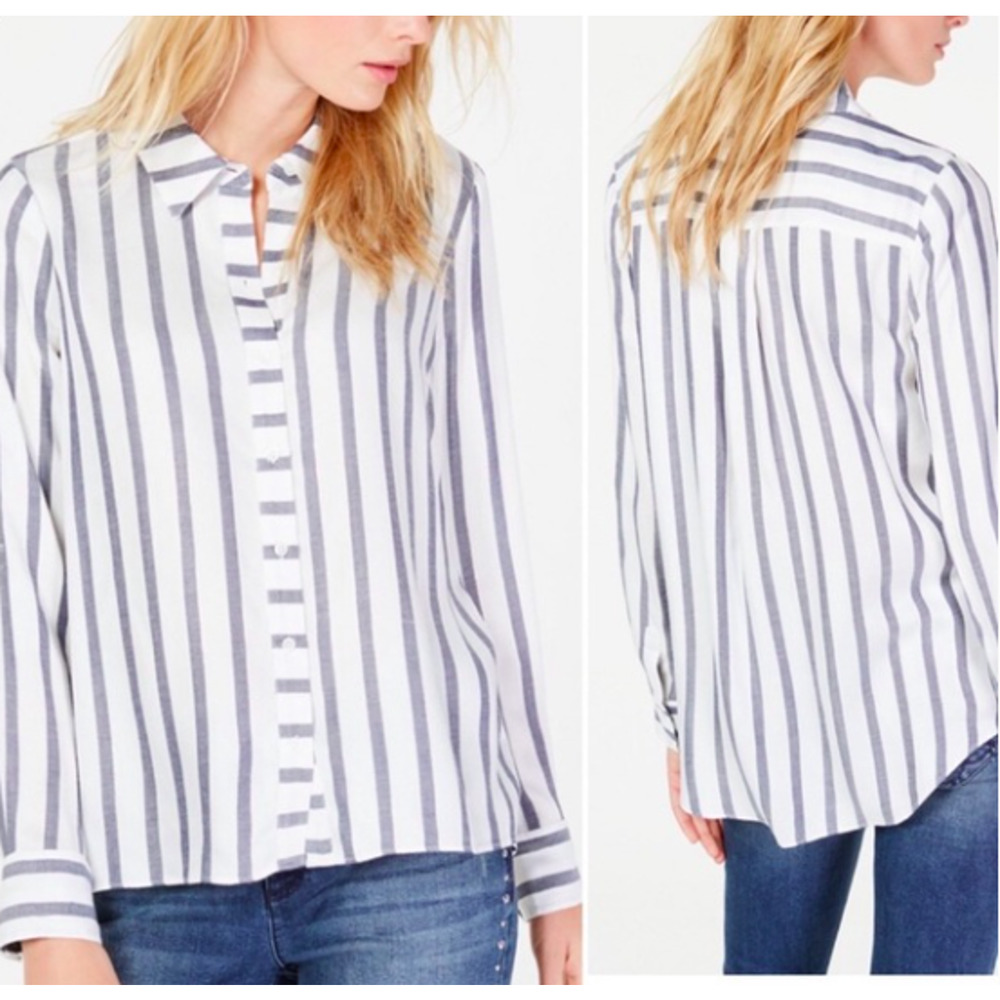 INC Women's Button Down Shirt White Blue Metallic Stripe Top SZ XS $69